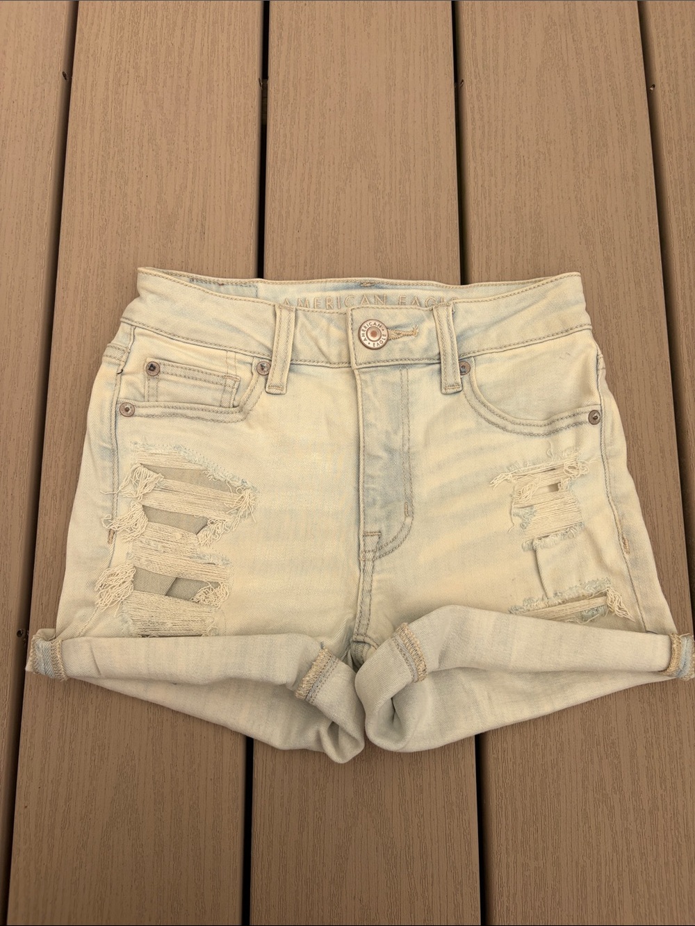 American Eagle Outfitters Light Cream Distressed Denim Shorts